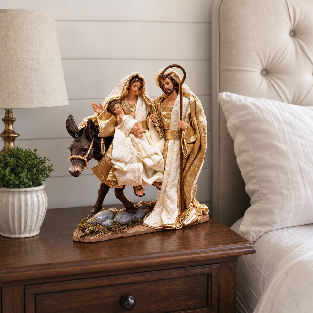 Statuetă Decorativă Premium „Sfânta Familie – Fuga în Egipt”, Maica Domnului, Pruncul Iisus și Sfântul Iosif – 23 × 20 cm - in context de utilizare