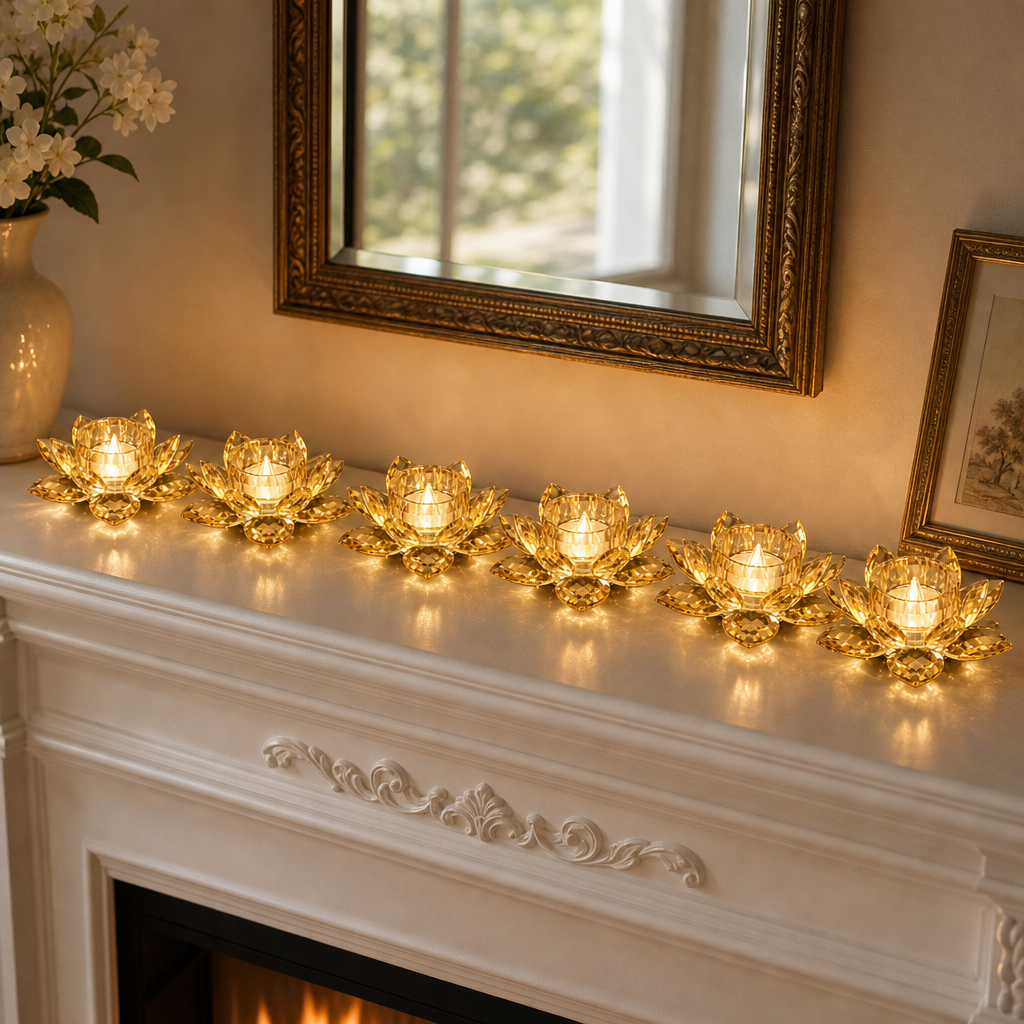 Set 6 Lumânări LED Decorative în Formă de Floare, Efect Cristal, Lumină Caldă, Fără Flacără - in context de utilizare