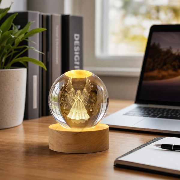 Glob Decorativ Transparent cu Inger Gravat si Suport Luminos Decoratiune Craciun Sticla - imagine principala