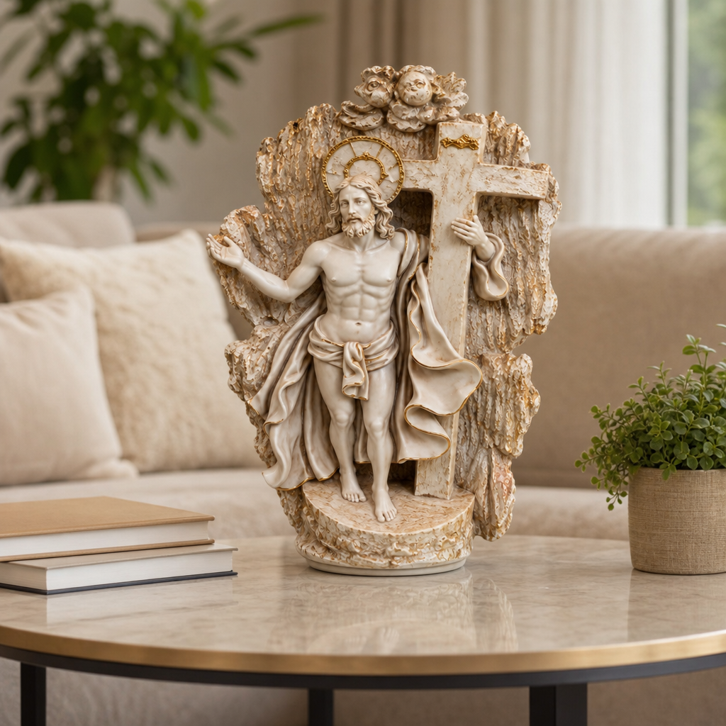 Statuetă Decorativă Iisus Hristos cu Crucea, Rășină Finisată – 26,5 × 14 cm - in context de utilizare