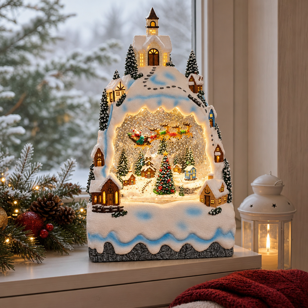 Decorațiune de Crăciun cu Sat de Iarnă, LED și Muzică, Polirășină, Multicolor – 27 cm - in context de utilizare