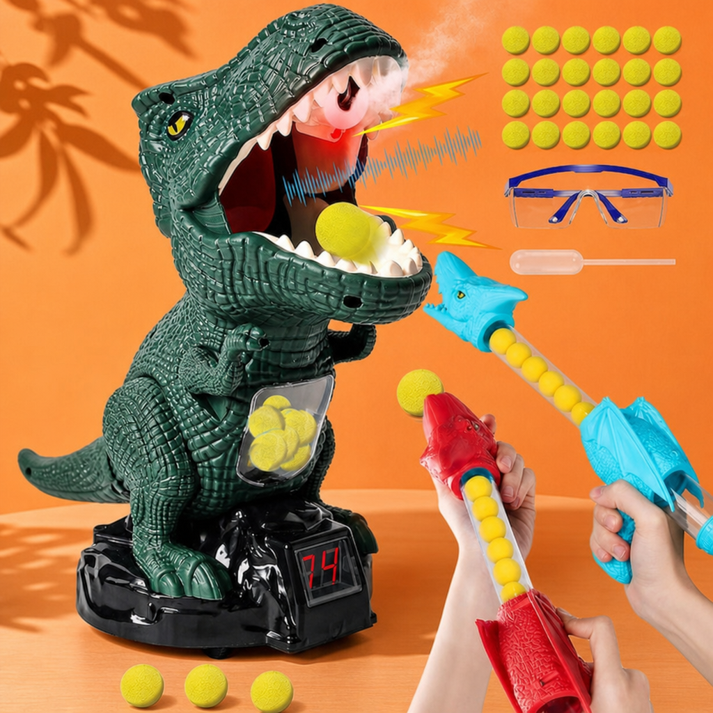 Jucarie Interactiva Tragere la Tinta Dinozaur cu Tinte Mobile, 2 Pusti, 24 Mingi Spuma, Pulverizare Apa, Ecran LED Scor, Copii 5-12 ani - in context de utilizare
