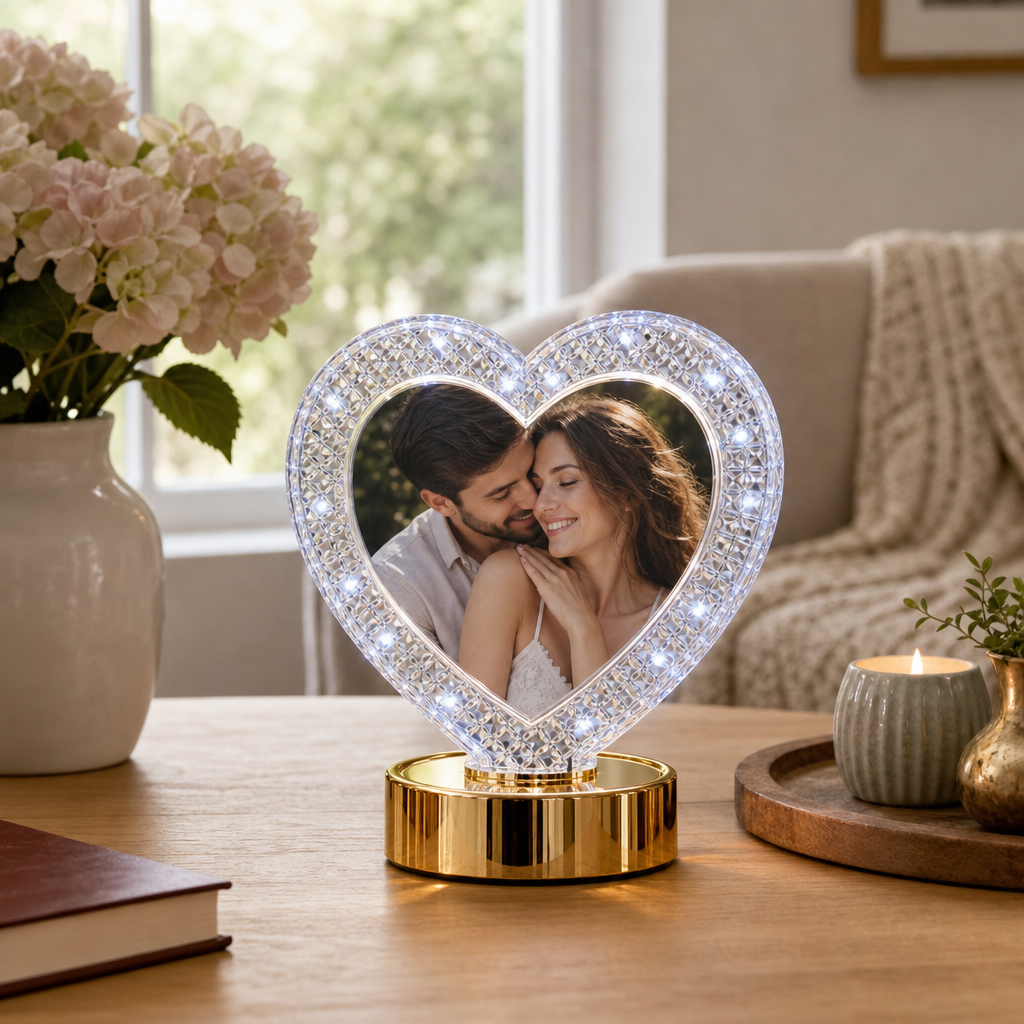 Rama Foto Inima cu LED Decorativa Finisaj Transparent Baza Metalica Cadou Cuplu Dimensiune 15x15 cm - in context de utilizare