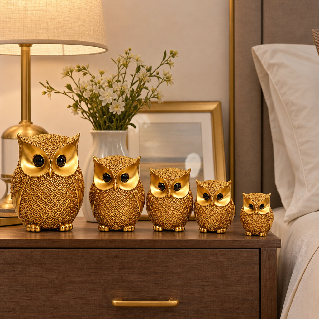 Set 5 Bufnițe Decorative Aurii din Rășină, Dimensiuni Diferite, 13–7,5 cm, Design Elegant, Ornamente pentru Living, Birou și Dormitor - in context de utilizare