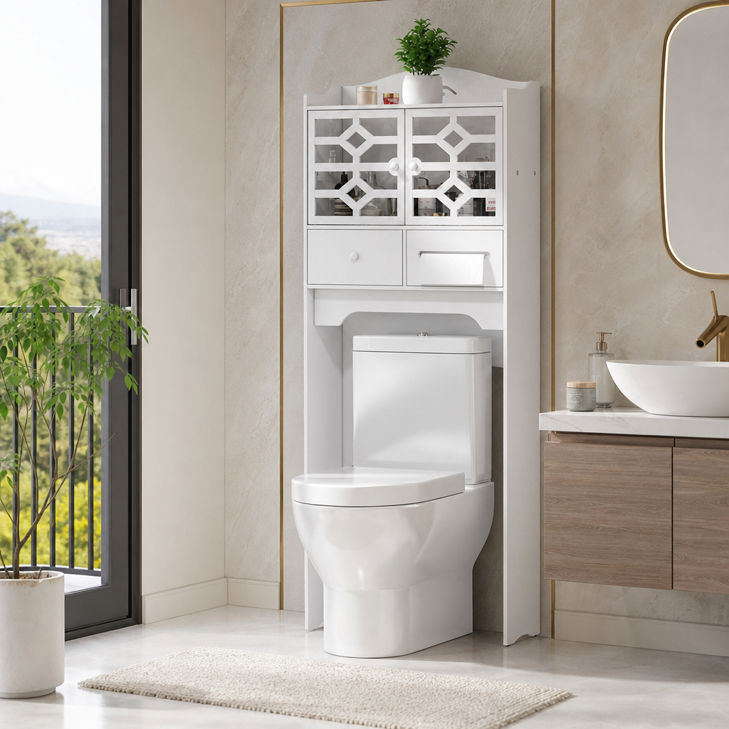 Dulap Organizator pentru Baie din PVC, cu Rafturi, 2 Uși și Sertar – Etajeră de Depozitare deasupra Vasului WC, Alb, 151 x 48 cm - in context de utilizare