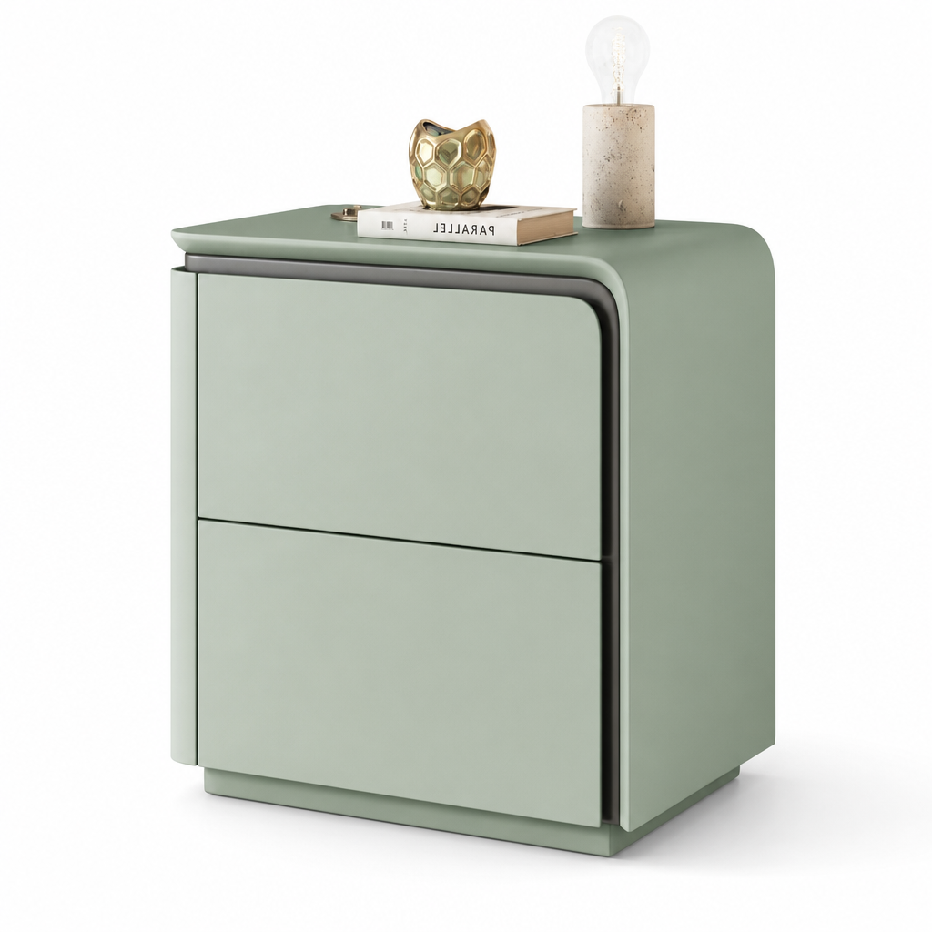 Noptiera Mint Green cu 2 Sertare MDF Furnir Stejar 50x40x48cm Design Curbat Dormitor - detaliu produs