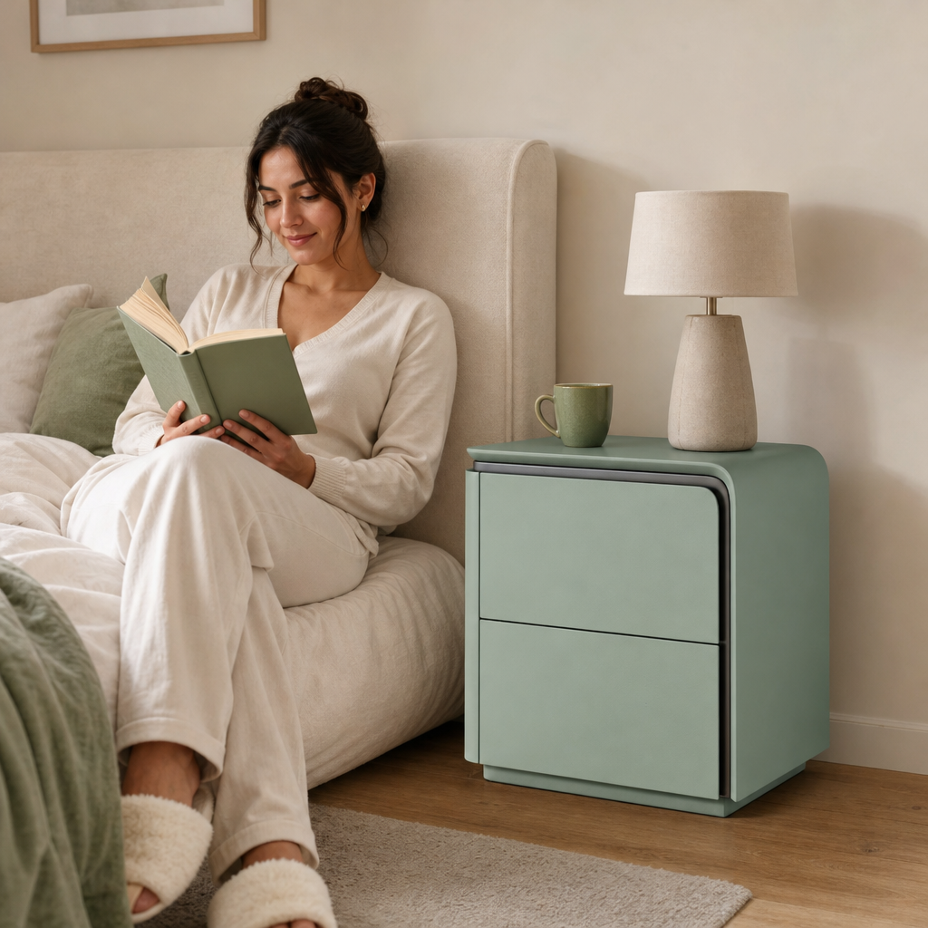 Noptiera Mint Green cu 2 Sertare MDF Furnir Stejar 50x40x48cm Design Curbat Dormitor - mod de utilizare