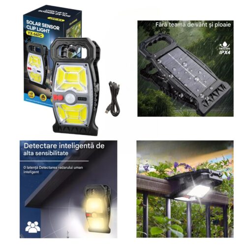 Lampa LED Solara cu senzor de miscare si clip de prindere, Iluminarea utomata, USB Type-C, IP65