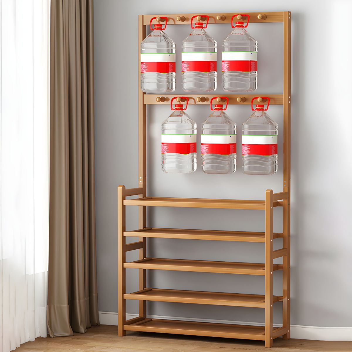 Cuier Haine Bambus cu suport pantofi 5 rafturi, Carlige Multiple, Organizare Hol, Dormitor