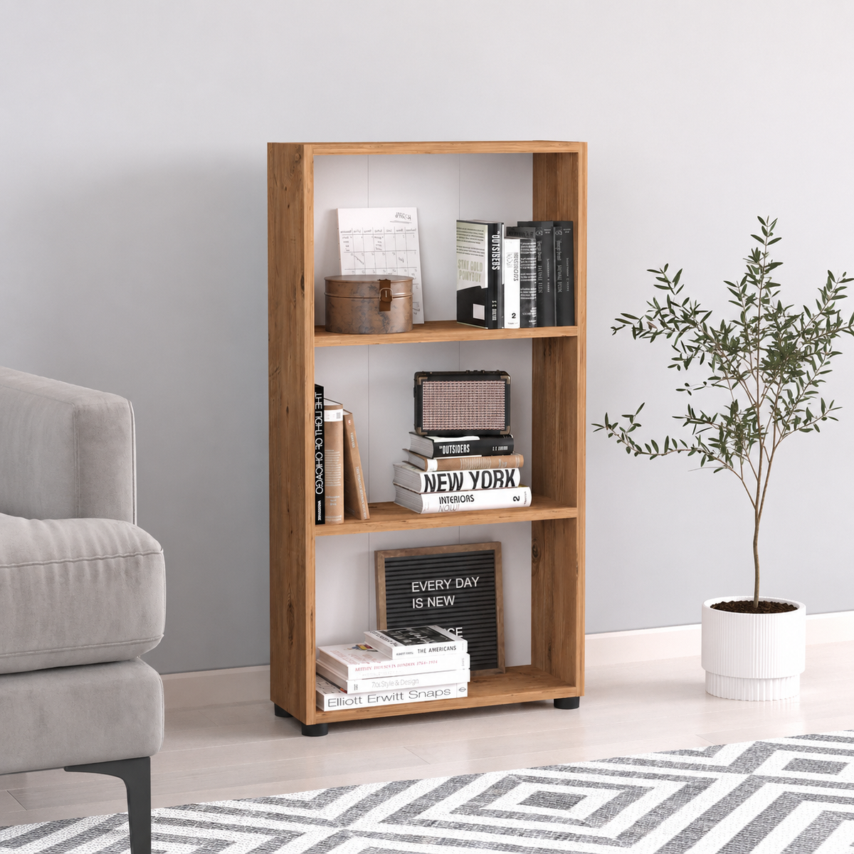 Biblioteca din PAL 55,3x20x106,2 cm, cu 3 rafturi, pentru carti si decoratiuni