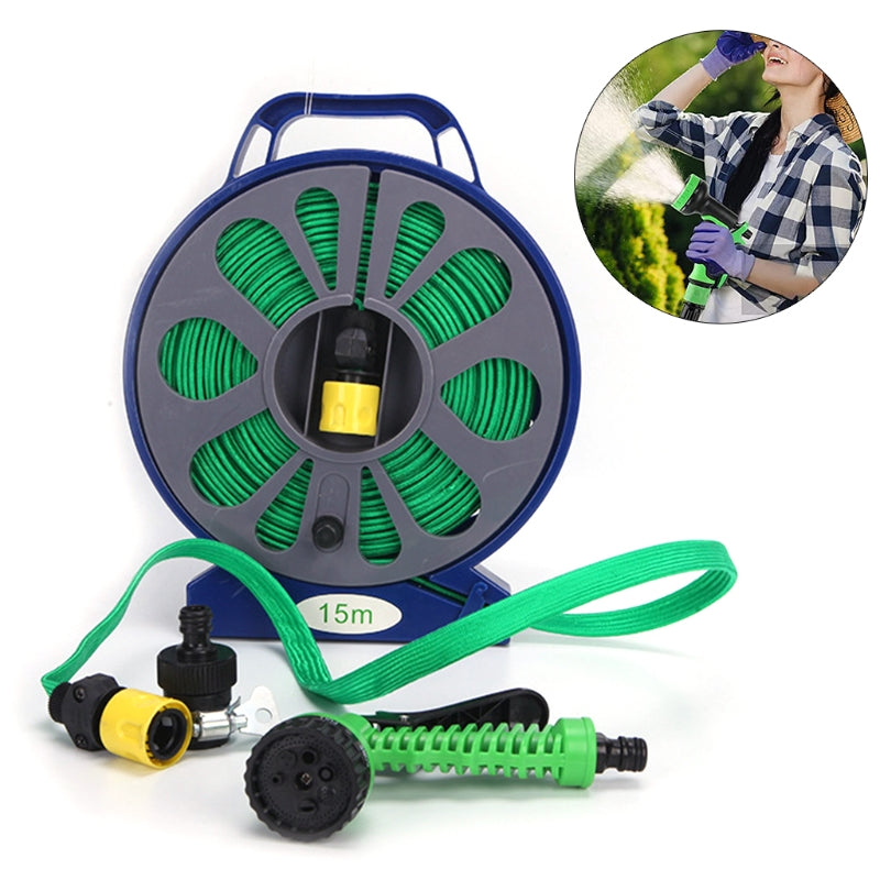 Set pentru stropit, furtun textil flexibil 15m cu tambur, pistol de pulverizat 7 in 1