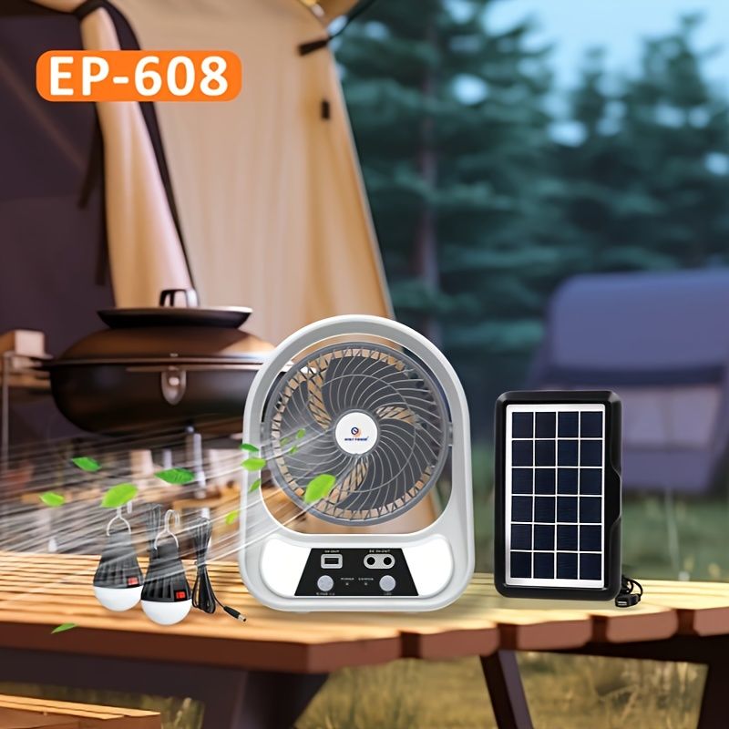 Ventilator solar, 15/20 cm, cu 2 becuri incluse, functie de powerbank, din ABS, cu USB, alb/gri