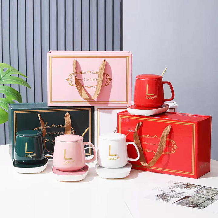 Set cadou Cana ceramica cu incalzitor, lingurita, temperatura constanta 55 grade, 220V, 400 ml