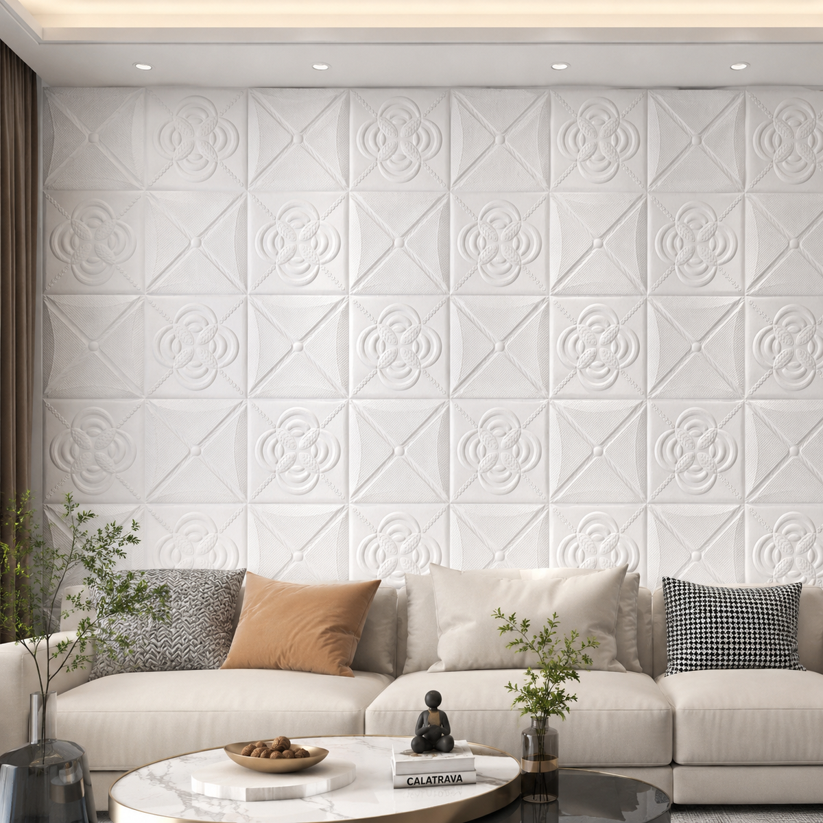 Panou decorativ 3D autoadeziv cu model geometric și floral, alb, 70 × 77 cm - detaliu produs
