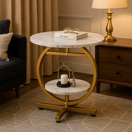 Masuta de cafea rotunda cu design tip marmura, 2 nivele de depozitare