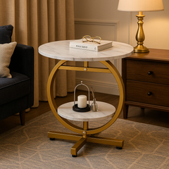 RESIGILAT - Masuta de cafea rotunda cu design tip marmura, 2 nivele de depozitare