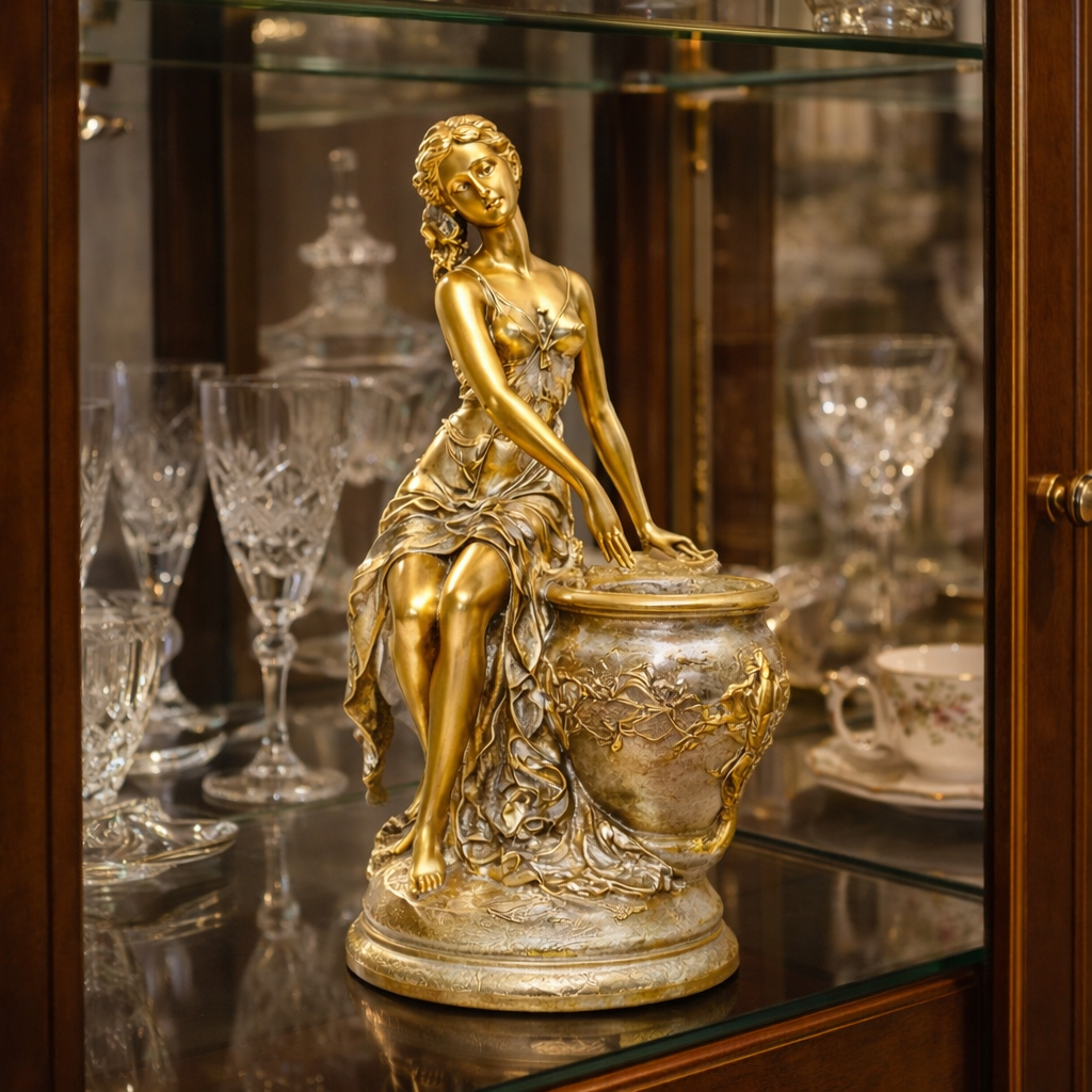 Statueta decorativa femeie eleganta, suport tip vas, rasina, finisaj auriu, design artistic premium, 30x17 cm