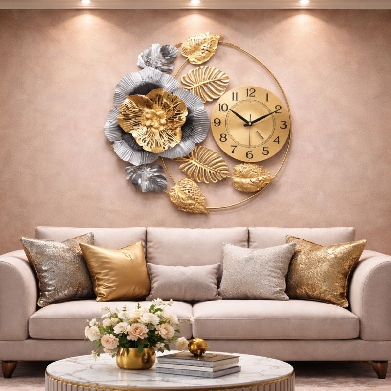 Ceas de perete decorativ floral auriu argintiu, 60 cm