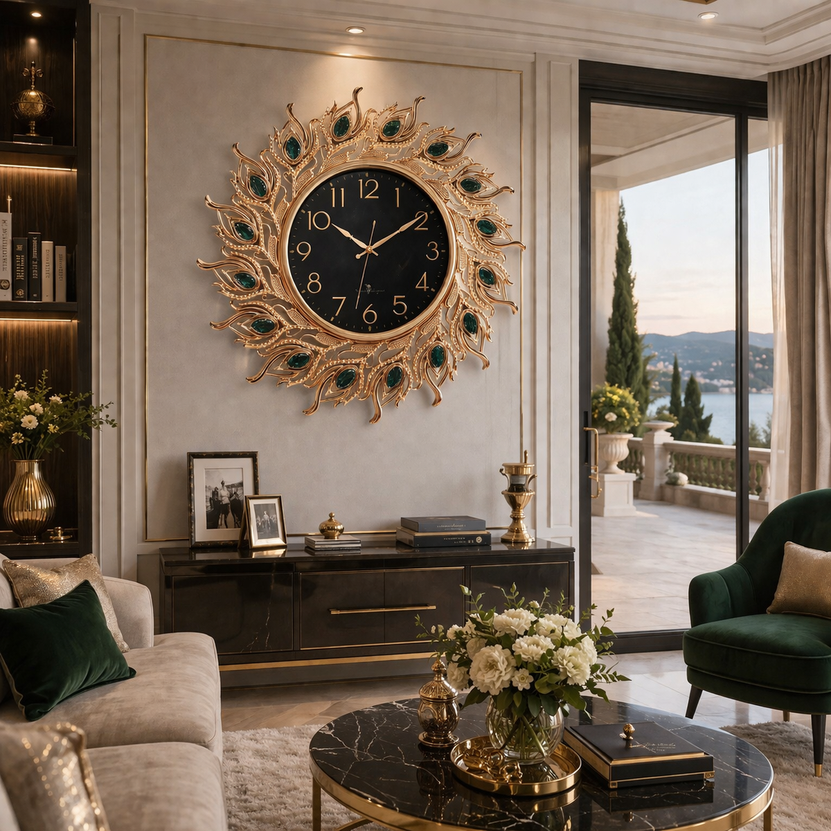 Ceas de perete decorativ 70 cm model pene de paun design elegant premium silentios