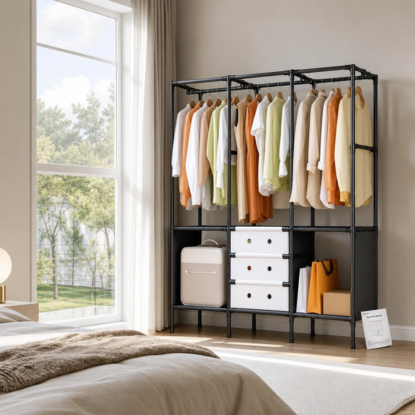 Dulap Textil Modular 122x41x188cm cu Usi Rabatabile Organizator Haine Cadru Metalic - in context de utilizare