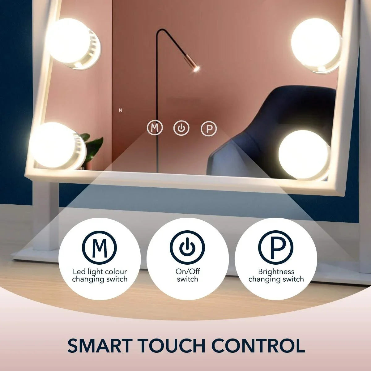 Oglinda machiaj profesionala cu suport metalic, Smart Touch, 9 becuri LED si 3 moduri de iluminare, 26 x 31cm
