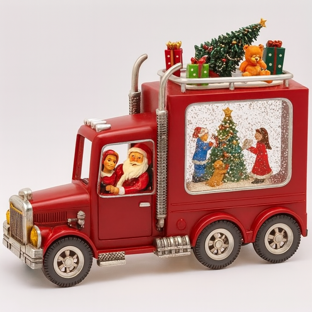 Decoratiune Craciun Camion Muzical cu Lichid si Sclipici, Iluminare LED si Scene 3D – 24.5 cm