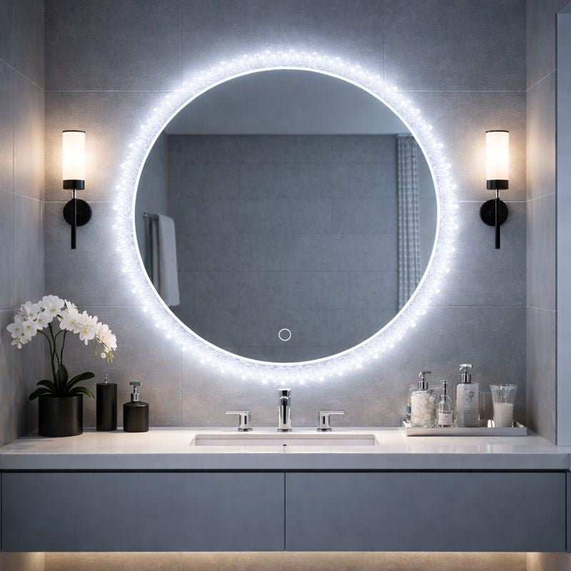 Oglinda baie LED rotunda 55 cm cu buton touch si iluminare perimetrala