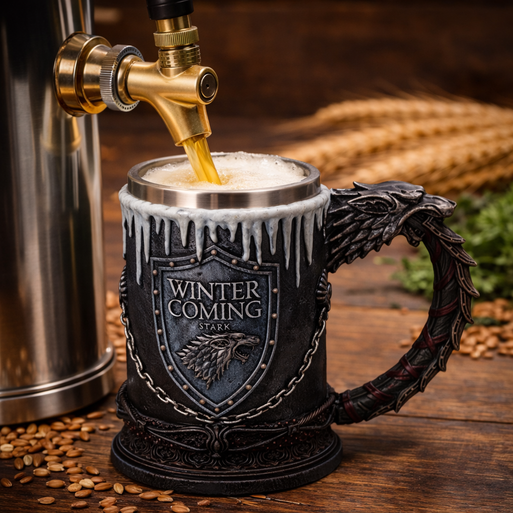 Halba de bere medievala 600 ml  Winter is Coming, maner dragon, efect gheata, interior inox