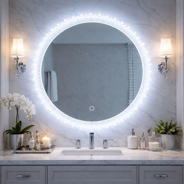 Oglinda baie LED rotunda 55 cm cu buton touch si iluminare perimetrala