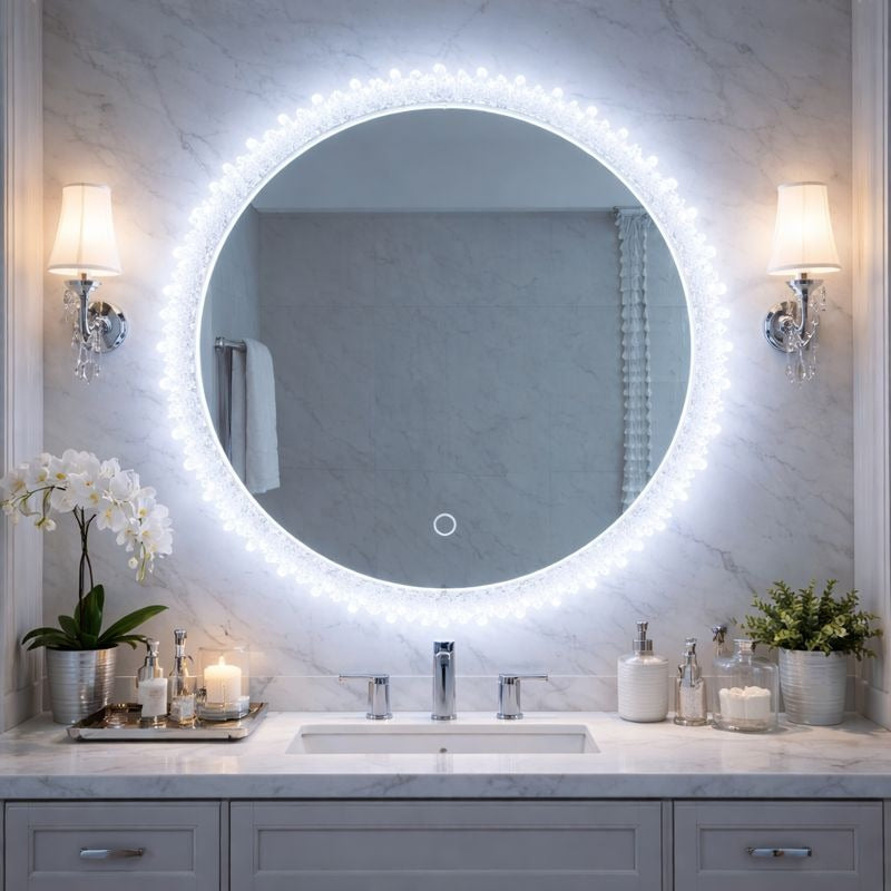 Oglinda baie LED rotunda 55 cm cu buton touch si iluminare perimetrala