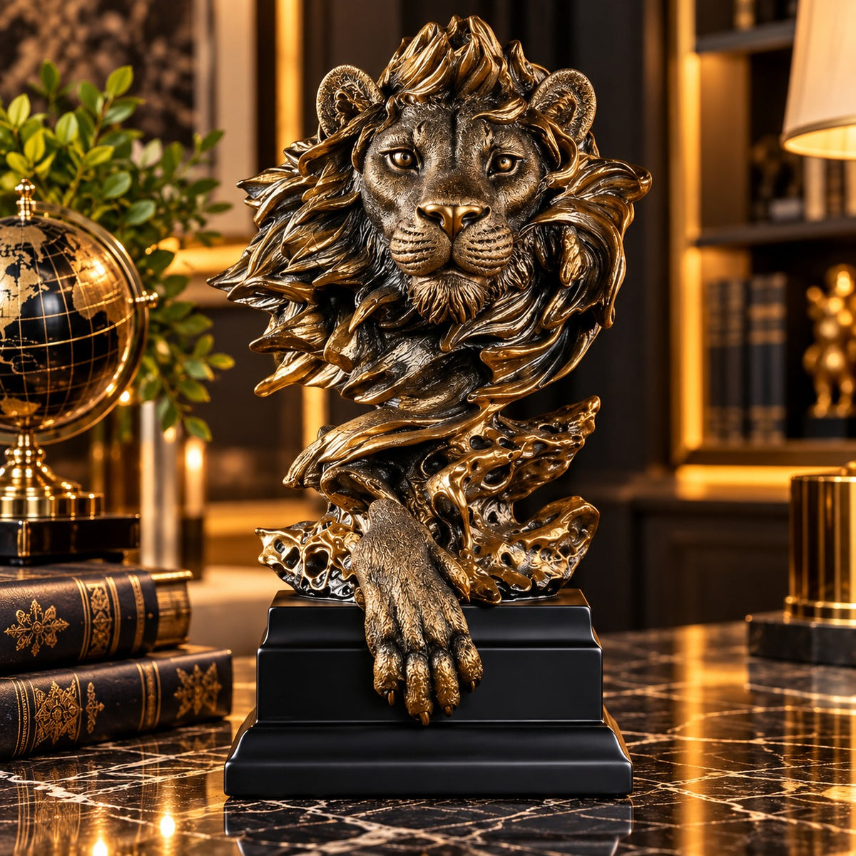 Statueta Decorativa Premium Leu din Rasina pe Soclu Finisaj Metalic Antichizat 30.5cm - detaliu produs