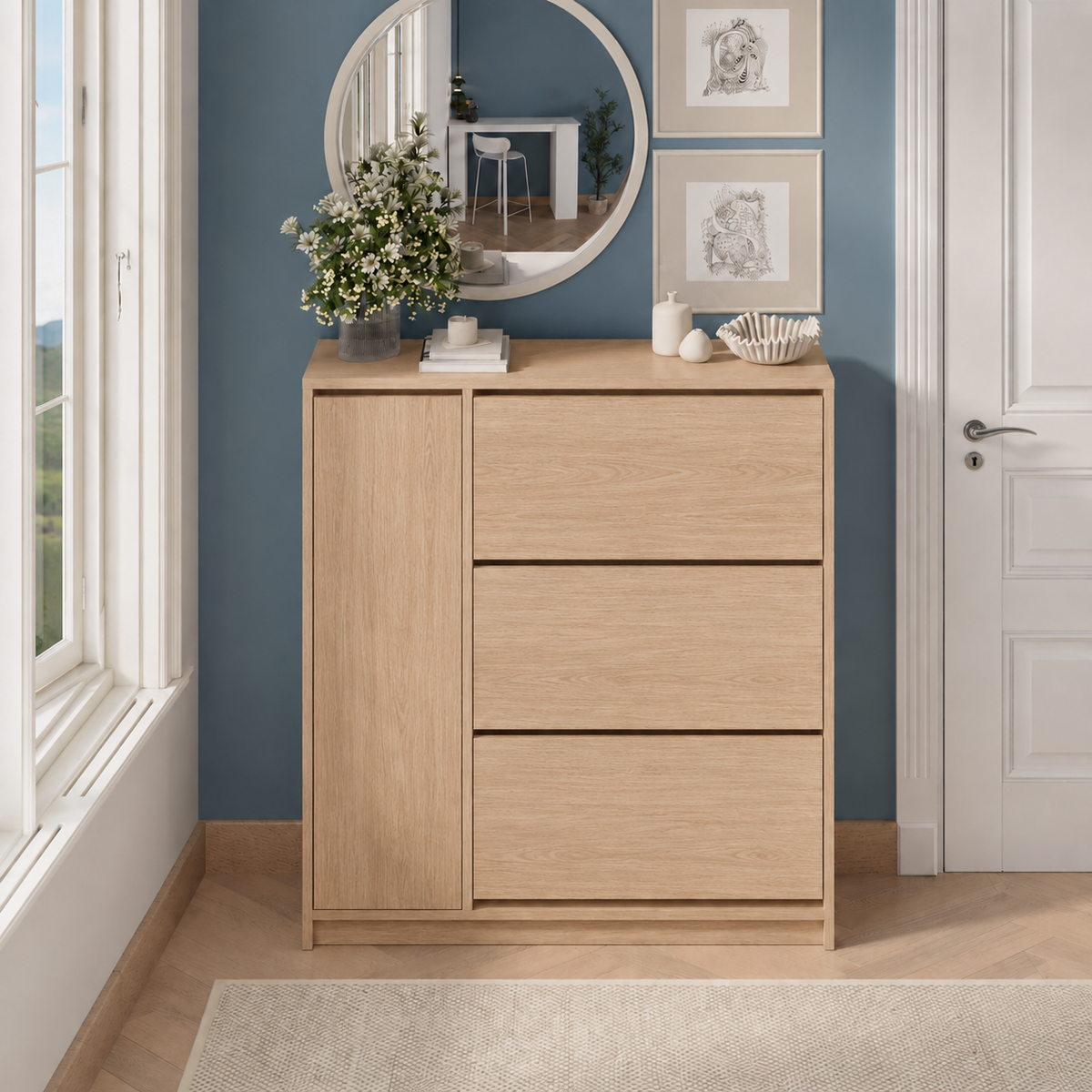 Pantofar Gizem cu usi basculante, dulap pantofi 105.2 x 35.4 x 116.5 cm capacitate 12-16 perechi, mobilier hol compact, PAL melaminat 18 mm clasa E1, mecanism flip-down pentru acces rapid, stil modern scandinav