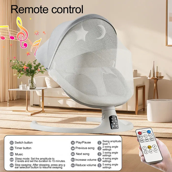 Leagan electric pentru bebelusi, unghiuri de balansare ajustabile, cu telecomanda, bluetooth si plasa anti-insecte