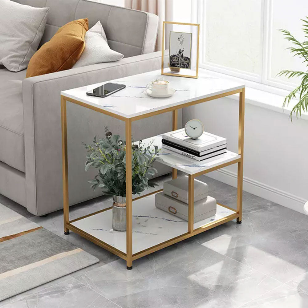 Masuta moderna cu blat tip marmura si cadru metalic  auriu – 3 nivele de depozitare 60 x 40 x 68 cm
