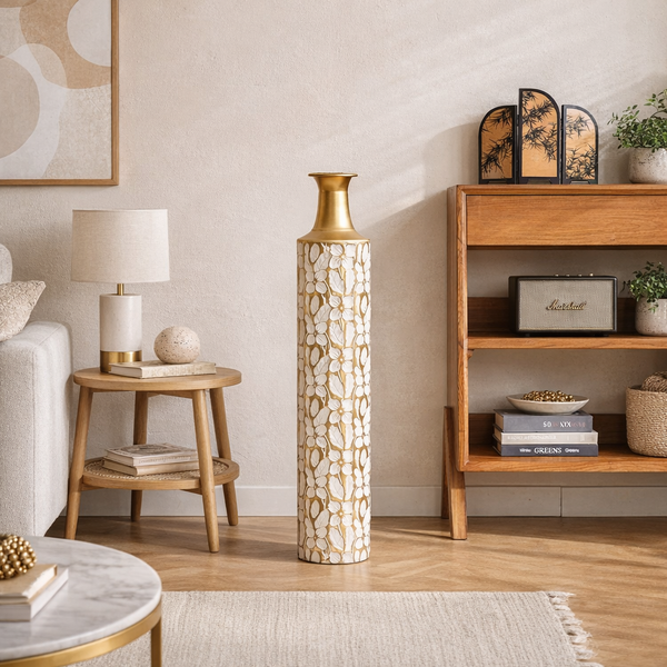 Vaza decorativa de podea 71 cm din metal alb si auriu model floral elegant