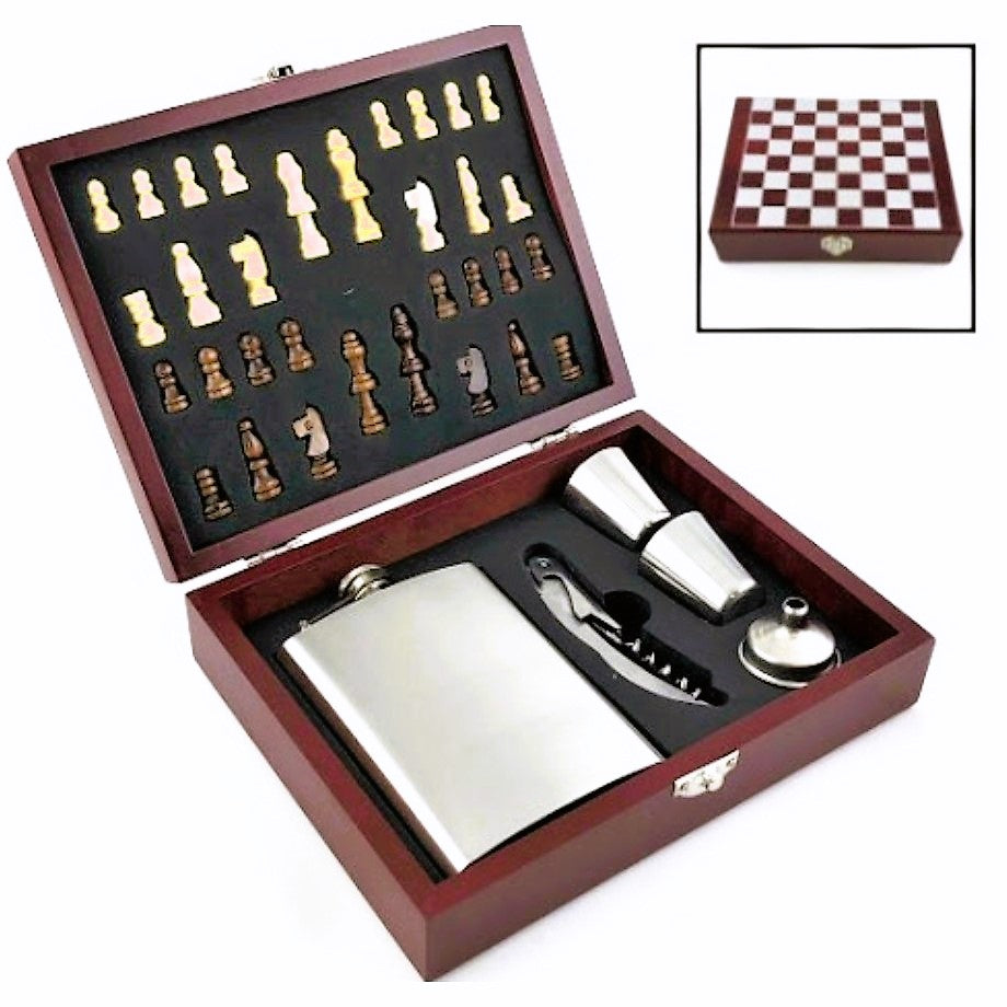 Set cadou sah cu recipient buzunar, 2 shot-uri, tirbuson, inox