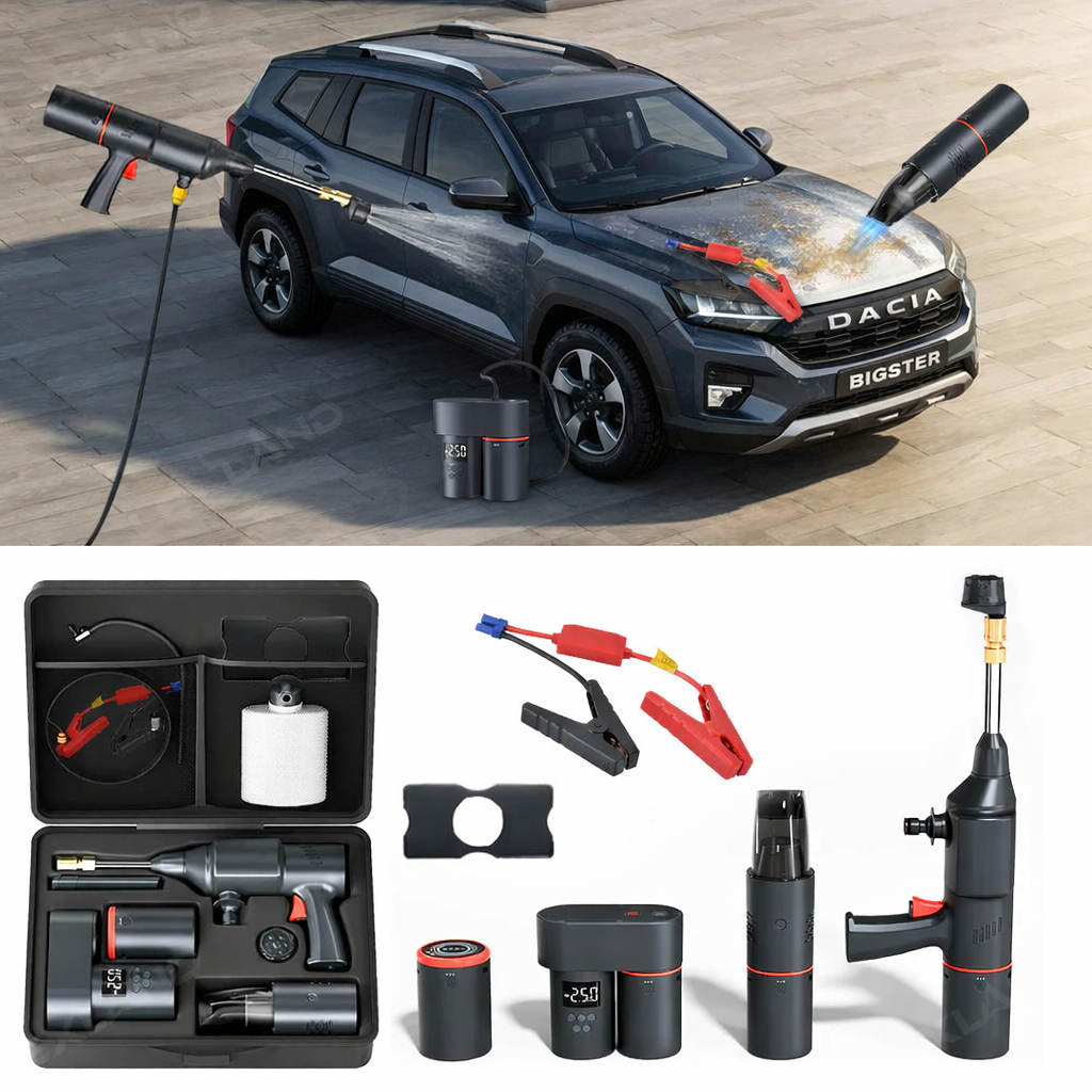 Kit multifunctional auto 4 in 1, compresor aer, aspirator, spalator auto si incarcator wireless