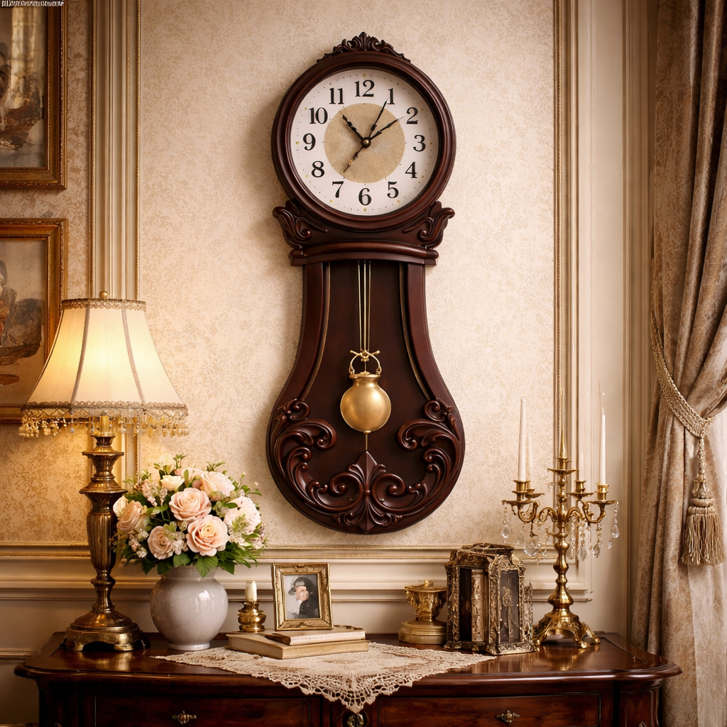 Ceas de perete cu pendul 80 cm, stil vintage, maro si alb