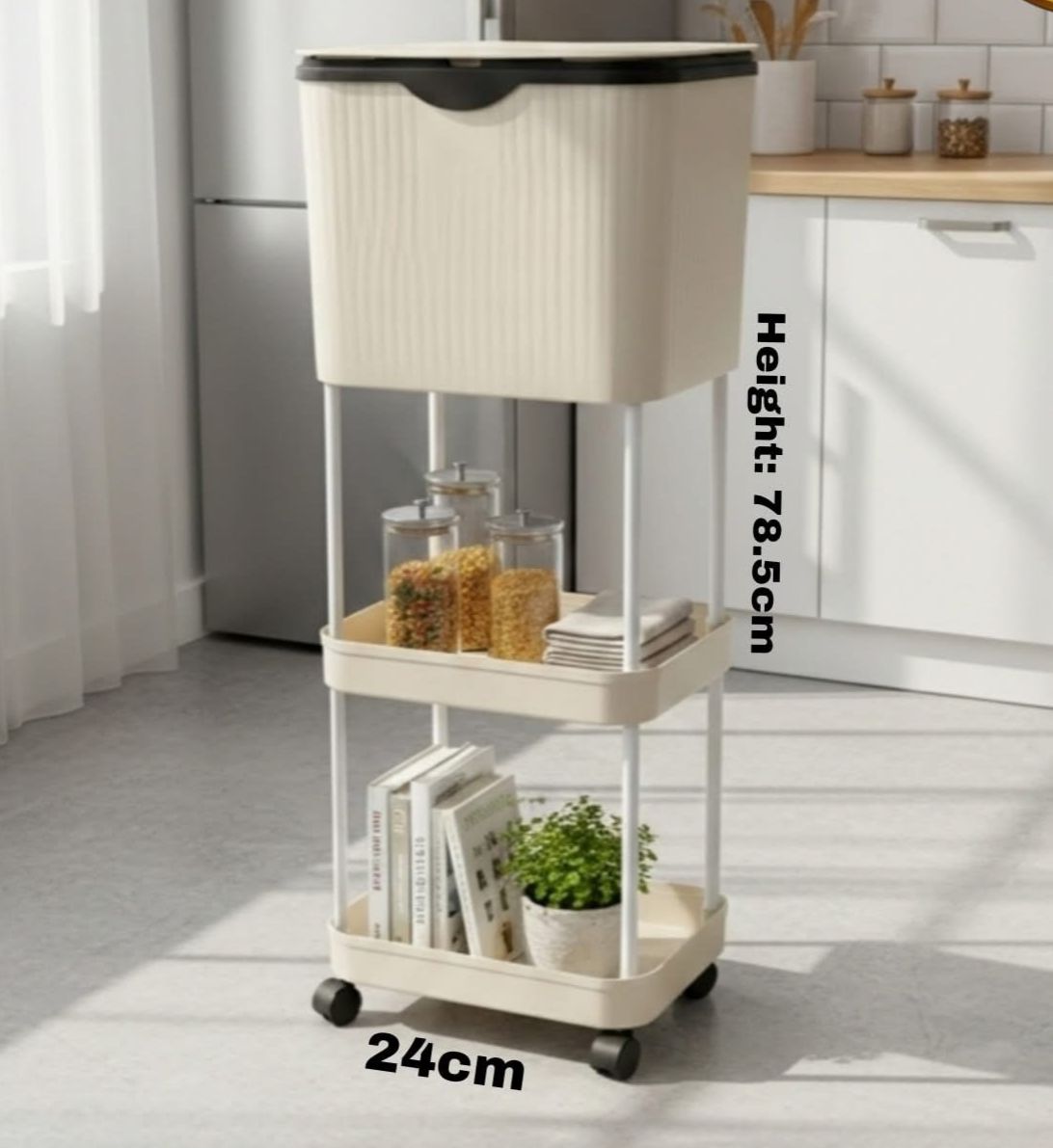 Carucior multifunctional cu cos de gunoi, 3 niveluri cu roti 360°, 78.5 x 24 x 17 cm