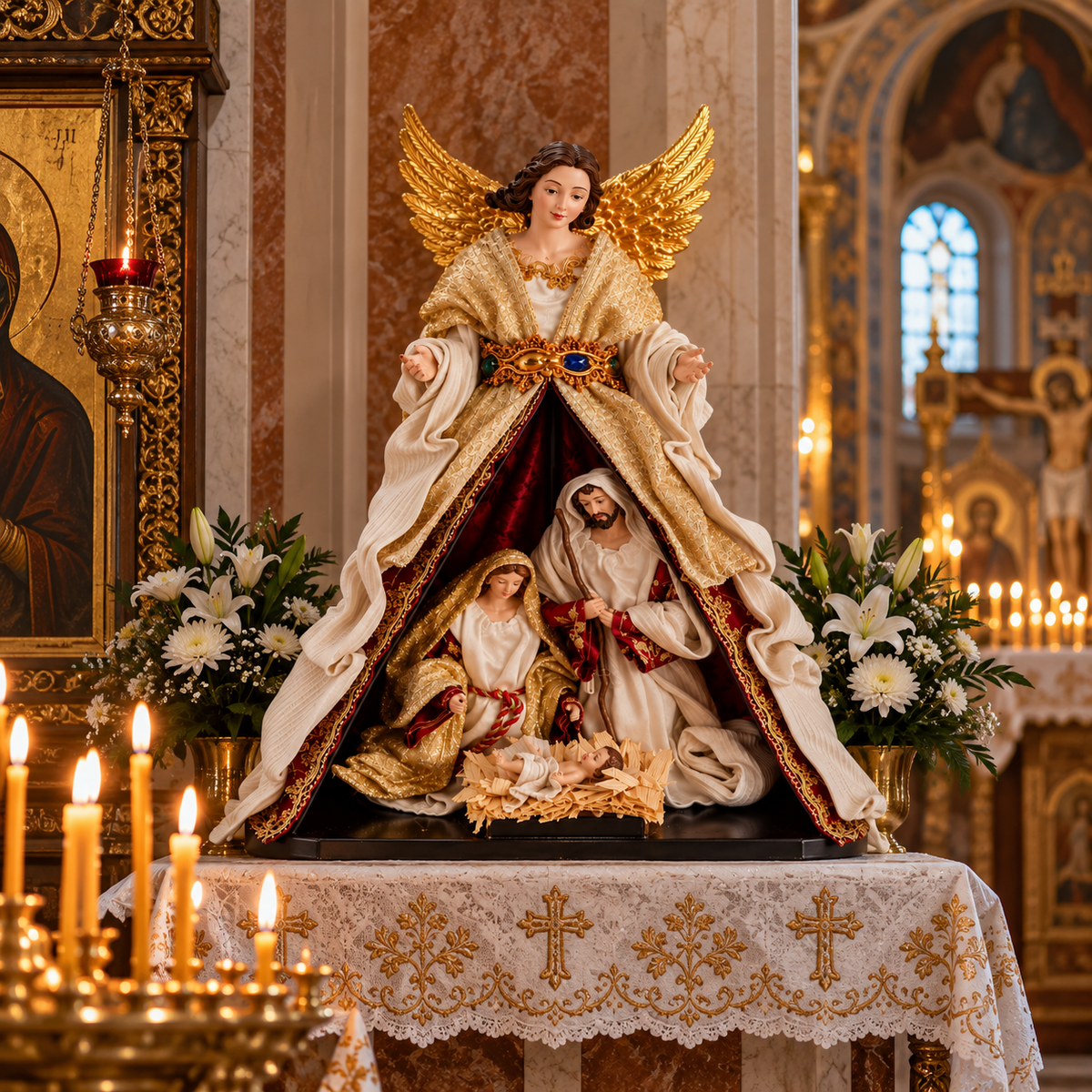 Statuetă Nașterea Domnului Premium din Rășină, 33 × 20 × 44,5 cm, Sfânta Familie cu Înger Protector, Design Elegant Crem-Auriu și Roșu - detaliu produs