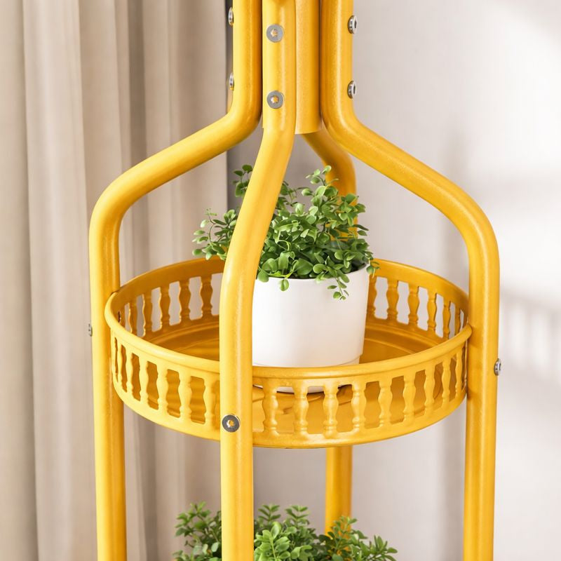 Cuier de podea metalic auriu, 34 x 189 cm, cu carlige multiple si 2 rafturi de depozitare, tip hall tree, pentru hol, dormitor sau birou