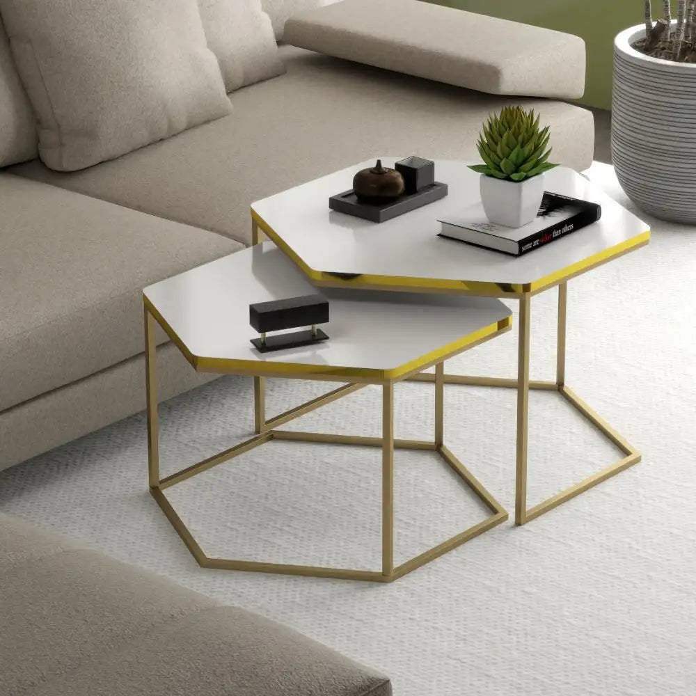 RESIGILAT - Set de 2 masute hexagonale, design Modern si Elegant cu Cadru Auriu si Blat Alb