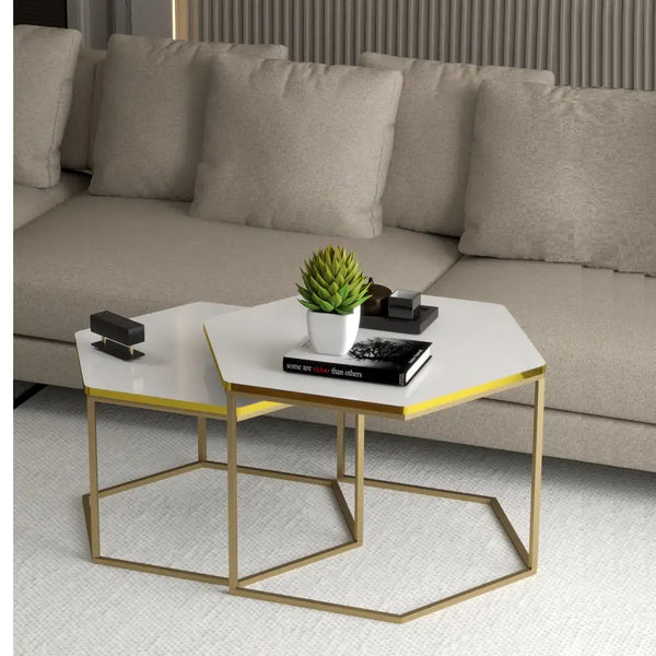 RESIGILAT - Set de 2 masute hexagonale, design Modern si Elegant cu Cadru Auriu si Blat Alb