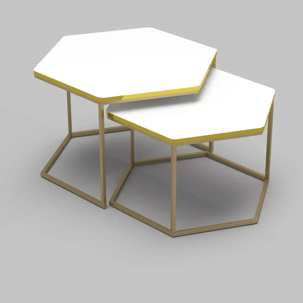 RESIGILAT - Set de 2 masute hexagonale, design Modern si Elegant cu Cadru Auriu si Blat Alb