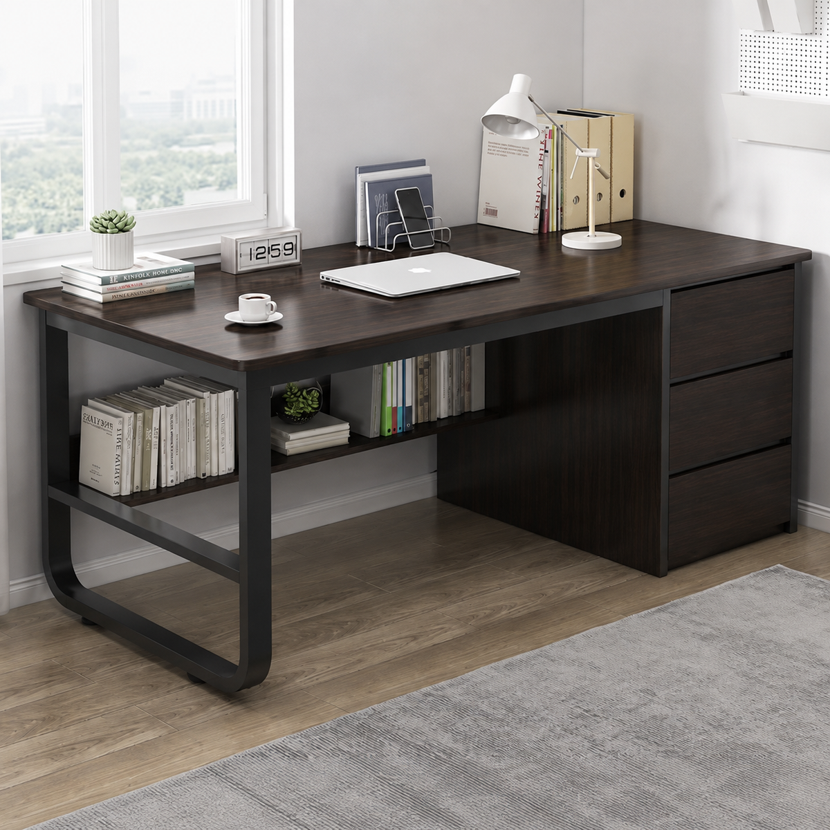 Birou minimalist alb cu rafturi - 160x60x73 cm, ideal pentru spații mici, lucru și studiu