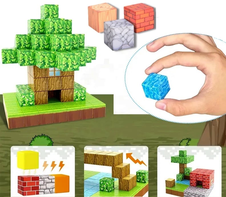 Blocuri magnetice de constructie 3D tip Minecraft, 2.5 cm, 75 piese