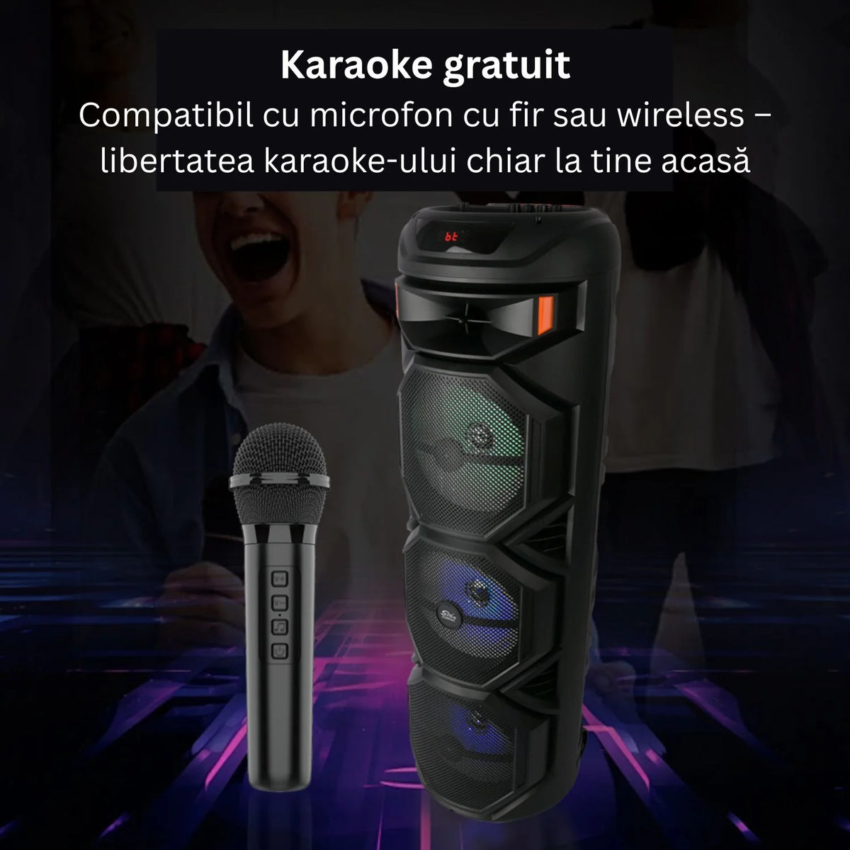 Boxa karaoke portabila Bluetooth cu microfon wireless, lumini LED RGB, 8 inch, ideala pentru petreceri si evenimente