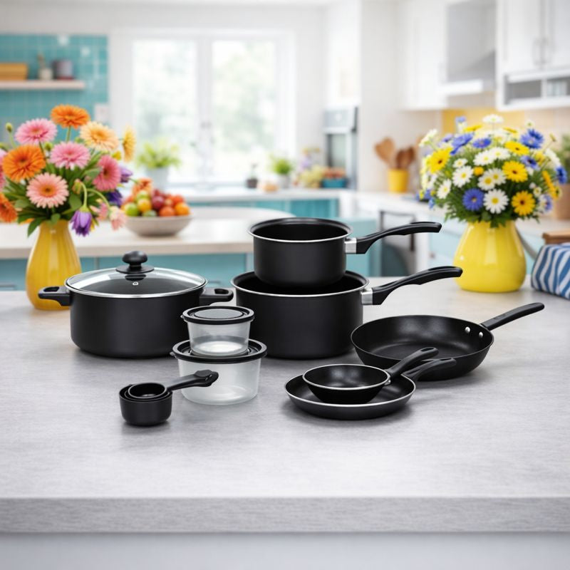 Set Bucatarie Complet, 22 Piese cu Oale, Tigai, Wok, Tavi si Accesorii pentru Gatit, Negru