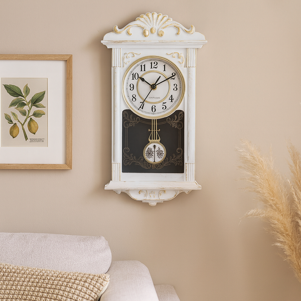 Ceas de perete vintage cu pendul, aspect lemn, 41 cm x 22 cm x 7 cm