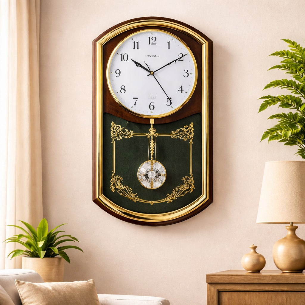 Ceas de perete elegant, stil clasic, pendul decorativ, finisaj lemn cu accente aurii, design rafinat, dimensiuni 33x21 cm